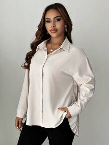 SHEIN Unity Plus Size Solid Color Button Front Long Sleeve Casual Shirt, Everyday Wear - Apricot - View 5