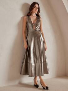 Anewsta Vestido de mujer Anewsta de unicolor con detalles metalizados, bolsillos y cuello en V, conjunto de primavera/verano para mujer, festival