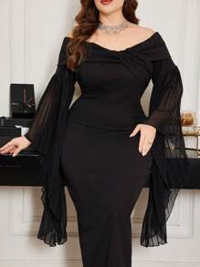 Modelyn Robe noire moulante fendue avec épaules dénudées, épissure et plissage à la taille pour effet affinant, modèle grande taille pour femmes - Noir - Voir 1