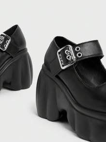 Sugerpunk Women's Dark Punk Rock Party Closed Toe Thick Platform Y2K Goth Shoes, Mary Jane Small Leather Slip-On Wedges Spring Shoes Spring Break Easter