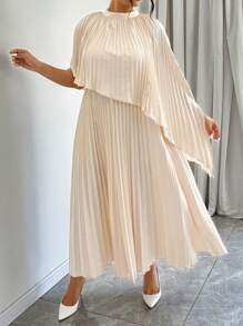 SHEIN LUNE Women's Solid Color Pleated Woven Satin Dress - Apricot - View 5