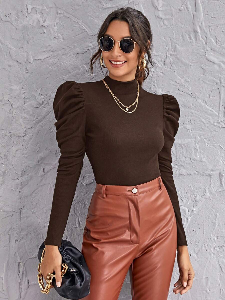 SHEIN Clasi Mock-Neck Gigot Sleeve Topp Svart Topp - Kaffebrun - Visa 1