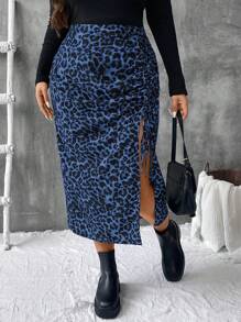 SHEIN VCAY Plus Size Leopard Print Split Hem Casual Skirt - Blue - View 1