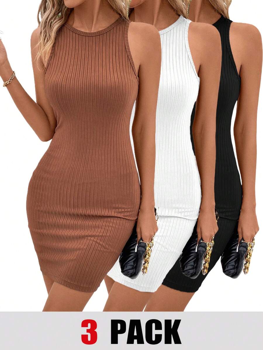 SHEIN LUNE 女士針織固色圓領無袖修身休閒連衣裙3入組 - 彩色 - 查看 1