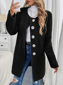 SHEIN LUNE 女士休闲长袖外套，蓬松面料，圆领，中长款，正面纽扣开合，装饰纽扣，秋冬 - 黑色 - 查看 4