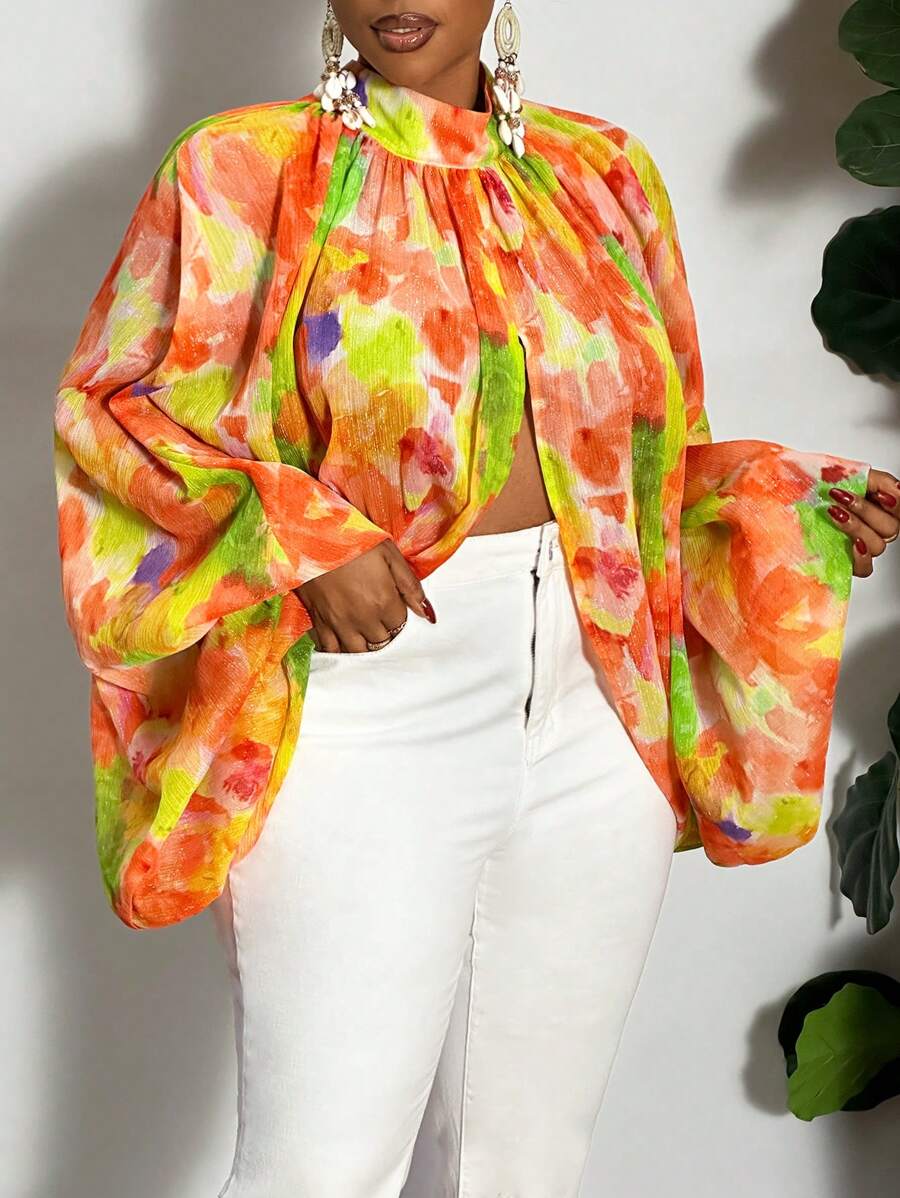 Slaydiva Plus Size Elegant Mock Neck Ruched Semi-Sheer Loose Camel Long Sleeve Blouse Top For Fall - Multicolor - View 1