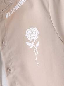 SHEIN Explorewe 2 件装 男童花卉印花前纽扣短袖上衣和短裤套装 - 杏色 - 查看 6