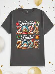 Manfinity Homme 2025 Nieuwjaar Element Combinatie Letter Print Casual Unisex T-shirt, Getailleerde Schouder Korte Mouw T-shirt In Donkergrijs, Geschikt Voor Koppels, Gezinnen En Als Cadeau Voor Vriendje