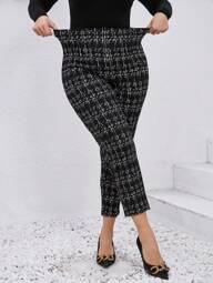 Chikora Plus Size High Waist Elastic Plaid Simple Slim Fit Casual Pants,Office Outfits For Women