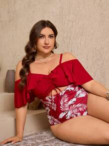 Swim Lushoire Plus Size Women One Piece Multi-Color Printed Spaghetti Strap Off Shoulder Ruffle Drawstring Swimsuit,Red Summer Beach Party Vacation Holiday Style - Multicolor - View 6