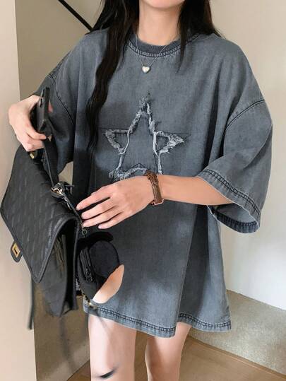 DAZY Women's Loose Denim Top With Round Neck, Drop Shoulder, Five-Pointed Star Frayed Design