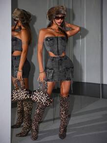 SHEIN ICON Top de tubo negro de mezclilla sexy para mujer, estilo Y2K para conciertos