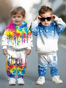 SHEIN 男婴休闲宽松针织柔软卫衣裤套装（2件套），适合秋冬季穿着 - 白色 - 查看 1