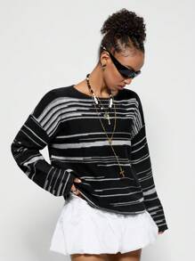 SHEIN EZwear Women's Daily Wear Casual Basic Knit Ripple Baggy Sweater - Multicolor - View 5