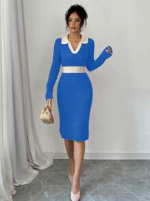 Calvaya Color Block Patchwork Slim Fit Sweater Dress, Casual Autumn/Winter For New Year Clothes