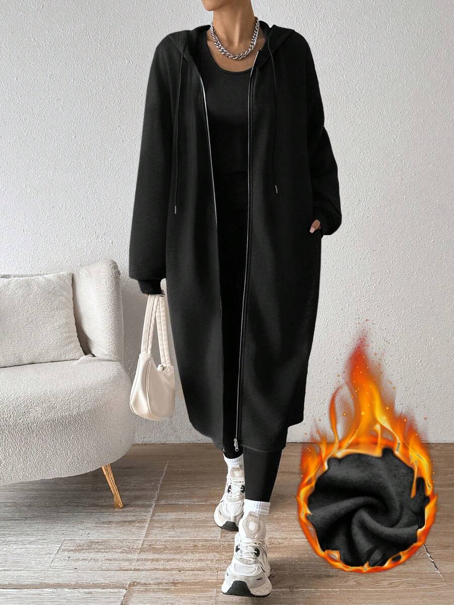 SHEIN EZwear 女士中长款保暖内衬连帽夹克，全新秋冬系列 - 黑色 - 查看 1