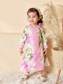 SHEIN Elegant Casual Daily Purple Iris Flower Lace Trim Long Sleeve Long Robe Dress For Baby Girl Infant Toddler 0-3 Years Old, Suitable For All Seasons - Purple - View 3