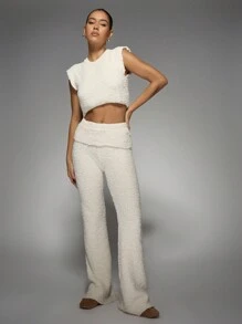 MISSGUIDED Cozy Popcorn Knit Two-Piece Loungewear Set Crop Top Wide Leg Pants Plush Textured Winter Warm Indoor Leisure Outfit Set - Apricot - View 1