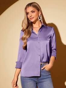 Amorya Women's Elegant Solid Color Viscose Satin Placket Long Sleeve Blouse Elegant Blouses For Ladies  Summer Outfit For Women - Purple - View 3