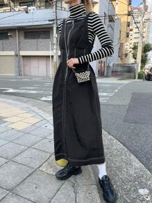 FRIFUL Women's Plain Zip Collar Casual Mid-Length Overall Dress