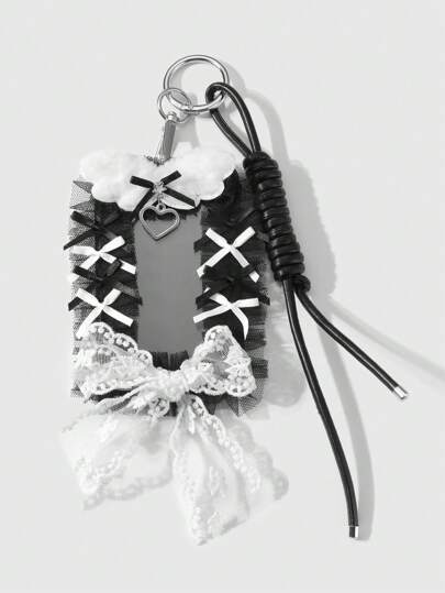 Kawaii 1 pezzo Porta carte di Y2K in stile gotico, con decoro di ali di angelo, cuore trasparente, pizzo, nastro e ricamo, adatto per tessere di lavoro, di studente, chiavi, borse - per uso quotidiano o come regalo