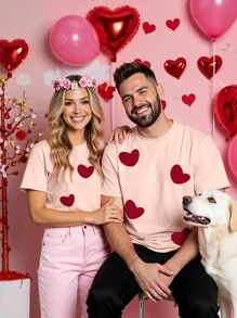 Manfinity Homme Valentine's Day Lovers Couple Men's Round Neck Short Sleeve Heart Print Casual T-Shirt - Baby Pink - View 8