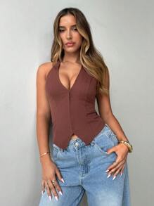Aloruh 女士性感深V领钩扣露背吊带背心，女士外出上衣，女士露脐上衣，毕业季，教师节，返校季 - 棕色 - 查看 7
