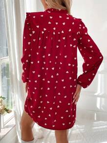 SHEIN LUNE Spring New V-Neck Ruffle Hem Romantic Heart Pattern Cute & Elegant Ladies Short Dress Valentine's Day Heart - Red - View 4