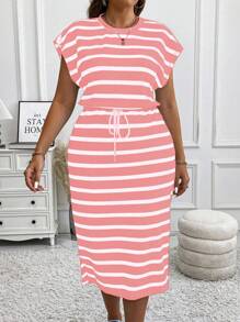 Calvaya 加大码条纹圆领盖袖紧身开叉抽绳中长休闲连衣裙，秋冬女装，适合夏季 - 粉色 - 查看 6