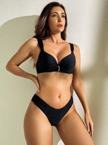 Summer 2pcs/Set Women Solid Color Sexy Vacation Push-Up Adjustable Strap Metal Decor Bikini Set