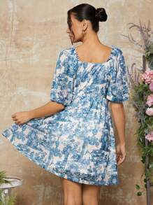 MaterniChic 孕妇泡泡袖方领A字蓝色连衣裙 - 淺藍色 - 查看 2