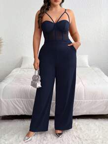 SHEIN Privé 1 件女式加大码纯色网眼拼接宽腿优雅细肩带连体裤 - 藏蓝色 - 查看 6