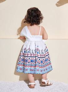 SHEIN Baby Girls Summer Cute Geometric Pattern Strap Sundress - White - View 2