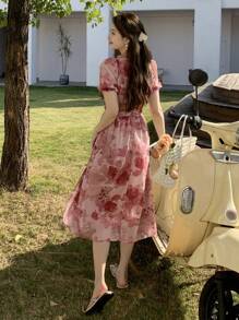 Vestido de mujer con cuello cuadrado con volantes, parches y manga corta con estampado floral, vestido de lechera, vestido de verano para vacaciones - Rosa - Ver 5