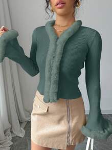 SHEIN Unity Women Faux Fur Panel Minimalist Long Sleeve Jacket, Casual Daily Wear Fall Cloth For Women - Green - View 3