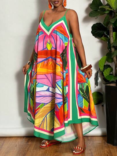 Slaydiva Plus Size Flower Print Spaghetti Strap Loose Jumpsuit With Patchwork Design For Summer