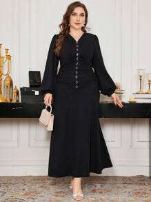 Modelyn Plus Size Maxi Length Knitted Beaded Elegant Bodycon Fishtail Dress - Black - View 1