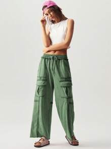 Bohemela Damen einfarbige Lässig gestrickte Weite Bein Hose mit Taschen