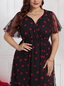 SHEIN Clasi Valentine's Day Women's Spring Dress, Red Heart Mesh Long Dress Plus Size, Elegant - Multicolor - View 6