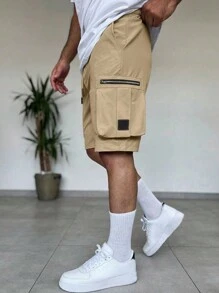 Manfinity Homme Men's Casual Solid Color Drawstring Waist Cargo Shorts, For Men, Men Shorts - Khaki - View 2