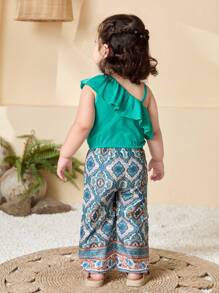 SHEIN 2pcs/Set Baby Girls 0-3 Years Spring/Summer New Casual Elegant Resort Brick Pattern Wide Leg Pants & Ruffle Strap Waist Crop Top, Leisure Suit, Green - Green - View 2