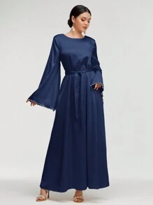 Al Najma Women's Elegant Solid Color Flare Sleeve Long Dress, Spring/Summer, Modest Elegant A Line Arabian Dresses, For Evening Party/Wedding Guest/Anniversary/Daily Wear - Navy Blue - View 3