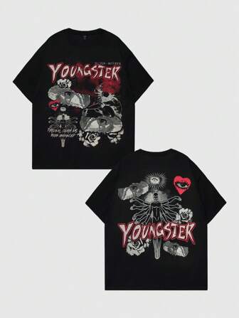 Goth T-shirt décontracté à manches courtes avec imprimé lettres col rond pour hommes