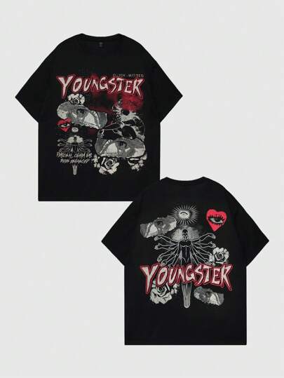 Goth قميص تي شيرت كاجوال بياقة دائرية وأكمام قصيرة مطبوع عليه حرف جوتيك، للرجال، للهالوين