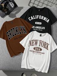 SHEIN EZwear 3pcs/Set Women Casual Simple English Text Print Round Neck Loose Fit Short Sleeve T-Shirts, Suitable For Summer Back To School