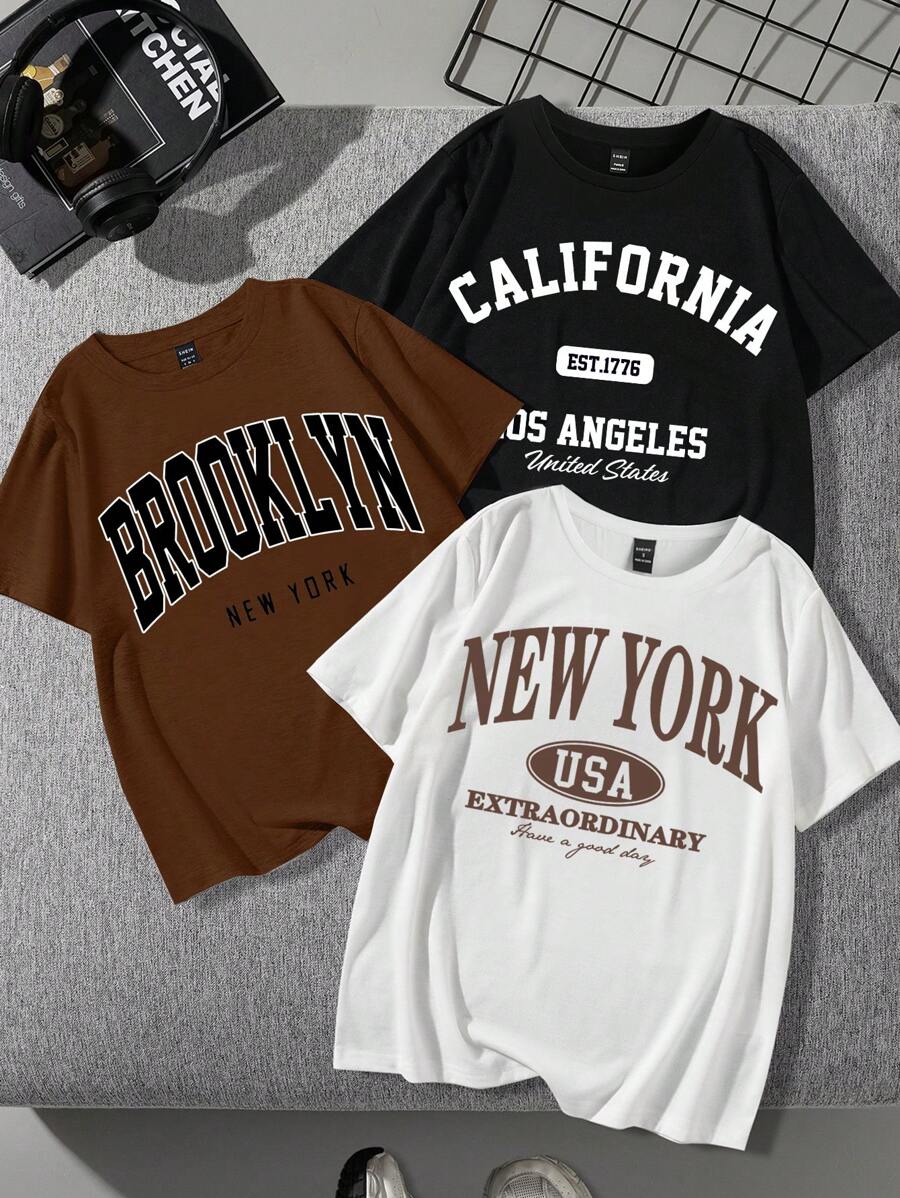 SHEIN EZwear Set de 3 camisetas de manga corta con estampado de texto en inglés de ajuste holgado y cuello redondo, adecuado para el verano - Multicolor - Ver 1