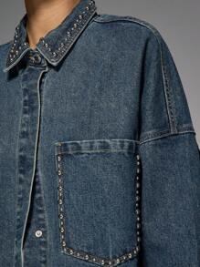 MISSGUIDED 优质铆钉牛仔卡车司机夹克超大复古外观精细缝线纽扣式摇滚明星秋冬街头风格 - 藍色 - 查看 5