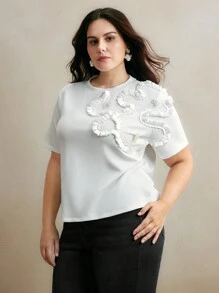 Anewsta Asymmetrical White Short Sleeve T-Shirt With 3D Floral Design, Urban Spring/Summer Outfits For Women