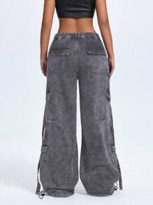 SHEIN ICON Women's Fashion Low-Waist Elastic Waist Wide Legs Cargo Jeans - Light Grey - View 2