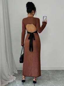 SHEIN Unity Women's Elegant Long Sleeve Dress,Black And White Open Back With Bowknot,Fishtail Hem Fitted Silhouette,Autumn Dinner Date Textured Jacquard Fabric - Coffee Brown - View 2